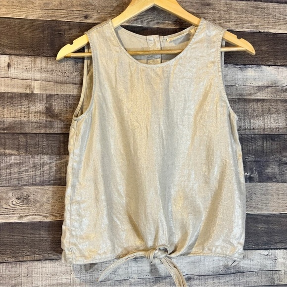 Christian Siriano Gold 100% Linen Tie Front Lagenlook Sleeveless Top - Picture 1 of 6